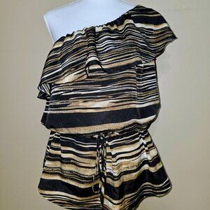 New York & Company One Shoulder Ruffle Blouse Black Tan Size L
